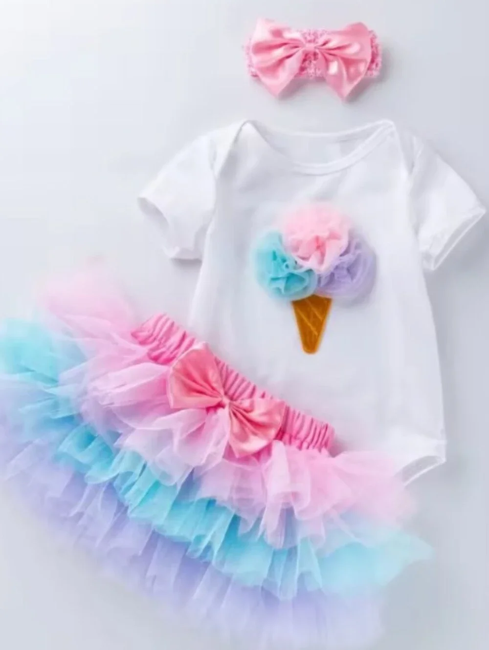 Rainbow Tutu Baby Set with Ice Cream Bodysuit and Bow